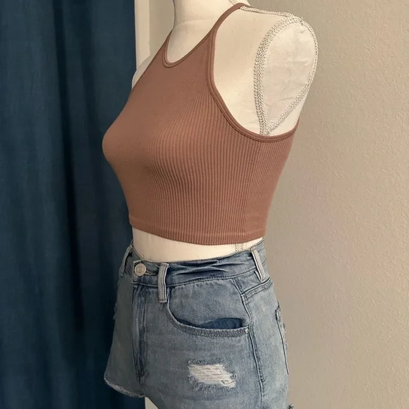 Brown Stretchy Ribbed Seamless High Neck Racerback Crop Top Size Small - Picture 4 of 6